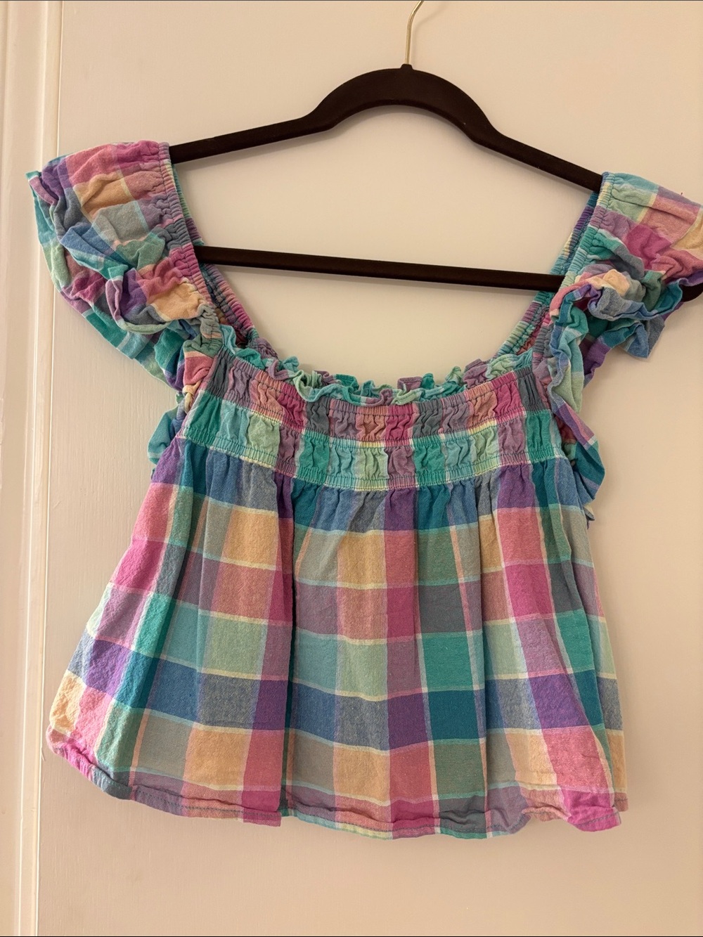 Pastel Plaid Ruffle Off-Shoulder Tank Top - Multicolor